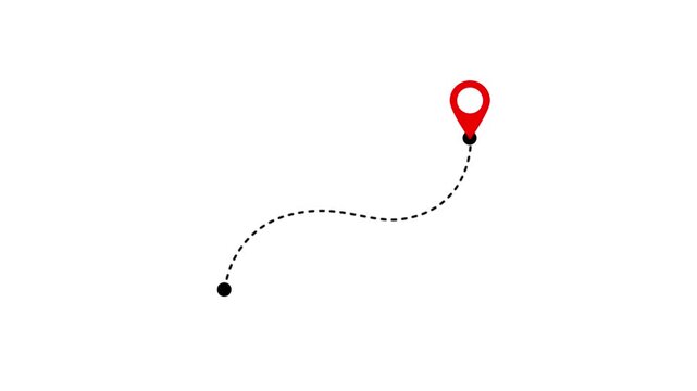 Animated dashed route line leading to map pin location on dark background. White navigation path with arrow and destination marker.4k video