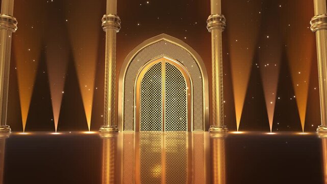 Golden gateway pointed arch, patterned panels tall decorative pillars forms scene in amber light. Islamic backdrop offers a festive setting for Ramadan Eid greetings, cultural titles and celebrations.