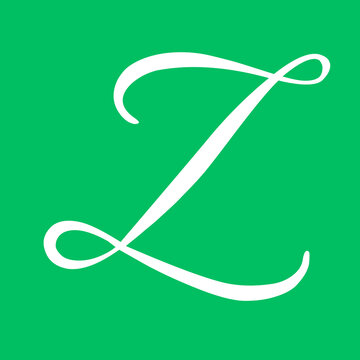 Elegant white cursive letter z isolated on a vibrant green square background showcasing smooth calligraphy style for professional artistic projects