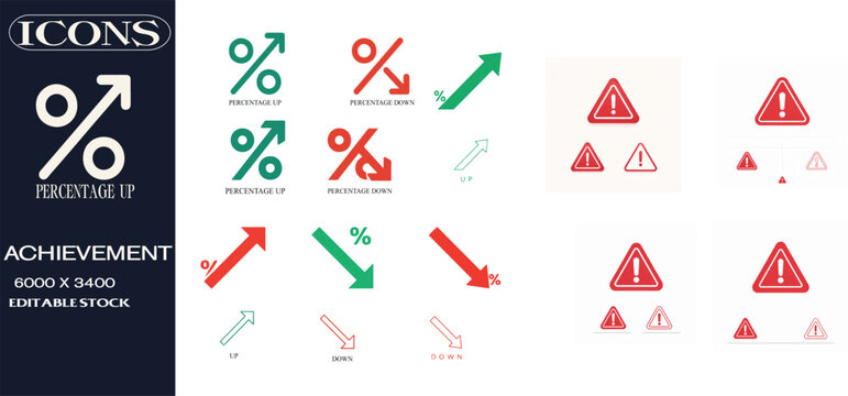 Red Alert Warning Symbols with Financial Growth Arrows and Percentage Icons in Flat Vector Style