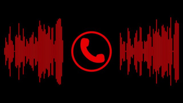 call recording visual effect with audio spectrum animation on alpha background, green and red glowing squares with phone icon for two-person conversation.4k video