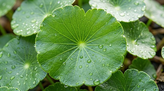 Fresh green centella asiatica gotu kola leaf with water drops