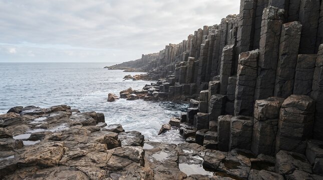 Columnar basalt rock formations meeting the ocean coast