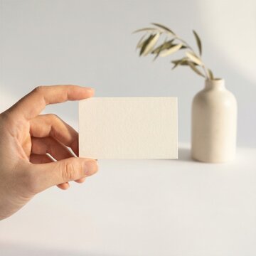 Hand holding blank white business card mockup with dried plant and minimalist vase background