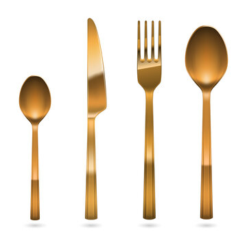 Set of shiny gold cutlery isolated on white background transparent background