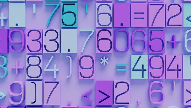 Vibrant Abstract Arrangement of Colorful Geometric Symbols and Numbers in Dynamic Pattern on Solid Background, Ideal for Educational Resources, Creative Design, and Digital Art Projects