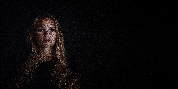 Digital ID Portrait of Scottish Woman with Face made up of Computer code. Cryptographic keys Concept with copy-space.