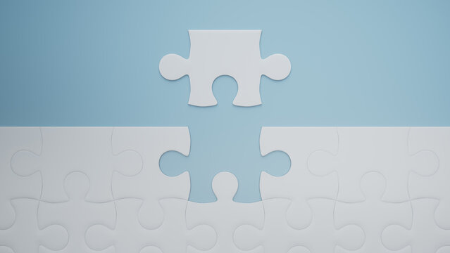 Light Blue and White Jigsaw Puzzle texture Wallpaper with final piece moving into place. Problem Solving Concept.