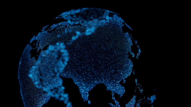 Vivid Blue World Map Scene of Asia made of Luminous Hexagon Dots. Global Business Concept.