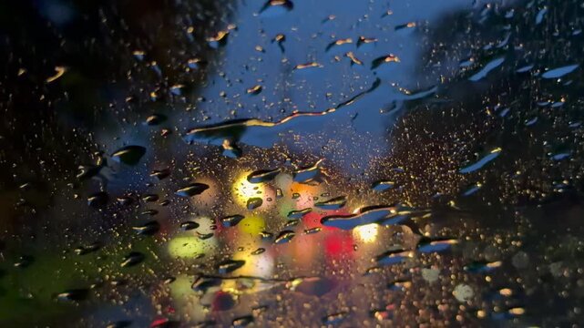 View from inside a moving car through a rain-soaked windscreen at night, with blurred streetlights and glowing light trails creating an atmospheric night time driving scene