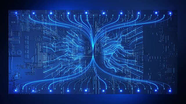 Vivid cyan lines sweep rows of glowing endpoints blue electronic surface. curves and layered routing metaphor for interconnected systems, digital infrastructure information exchange in tech videos.