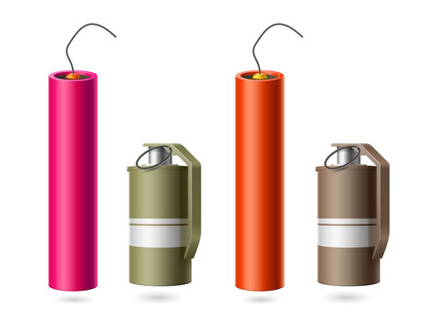 Set of colorful dynamite sticks and military hand grenades isolated on white transparent background