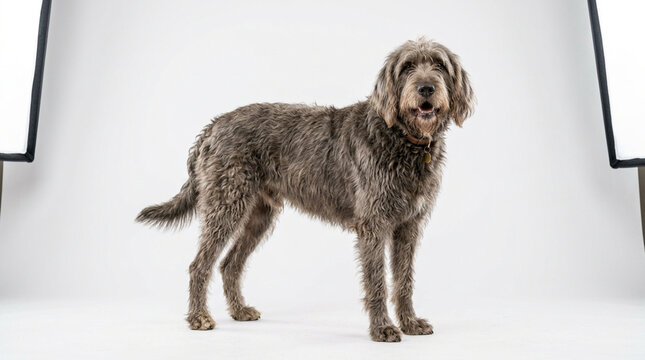 Shaggy Irish Wolfhound Dog on White Studio Background, Standing Portrait