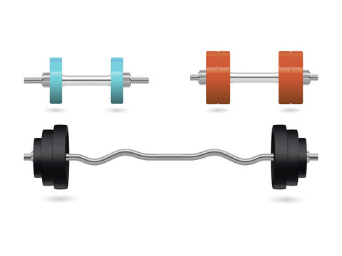 Set of colorful metal dumbbells and barbell for fitness training and bodybuilding transparent background