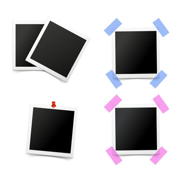 Set of empty vintage polaroid photo frames with decorative tapes and pins transparent background