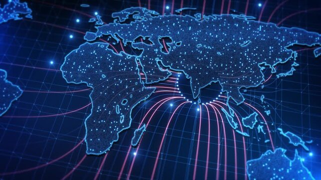 A dotted blue world map shows digital grid, glowing nodes curved connection lines. This global network animation represents telecommunications, online connectivity information exchange across regions.