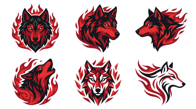 Set of Stylized Wolf Head Icons with Flaming Elements and Dynamic Vector Shapes for Sports Logos and Mascot Branding