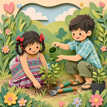 Children gardening with small plants watering can and trowel in vibrant outdoor garden