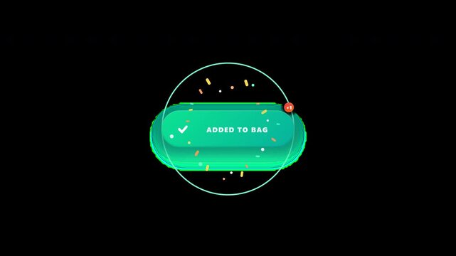High-resolution 4K UI/UX motion graphic featuring an e-commerce Add to Cart button micro-interaction. A pointer clicks the button, launching a dynamic item orb along a trigonometric parabolic arc into