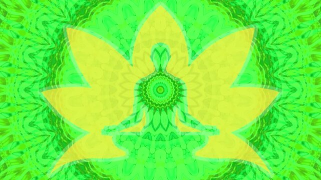 Glowing silhouette of meditating human figure sitting in lotus position over dynamic green mandala background