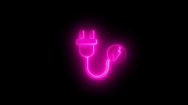 Glowing pink neon electric plug icon animation loop, power energy charging concept linear symbol video background, futuristic digital technology line art