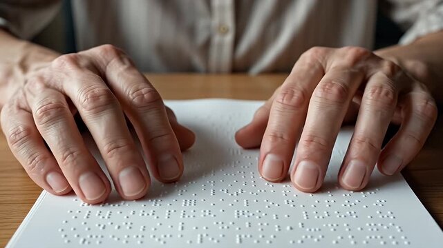 Elderly Person Uses Fingertips to Explore Raised Braille Letters in an Accessible Reading and Literacy Activity