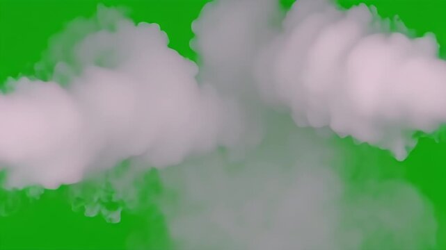 Large Puffy White Smoke Clouds Drift Across a Bright Green Screen in Thick Rounded Plumes for Visual Compositing
