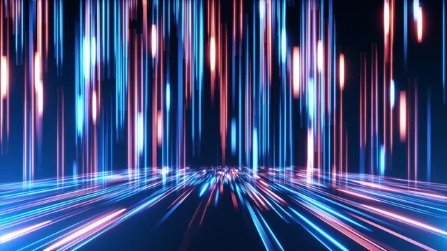 Curtain of light columns stands glowing floor streaks converge at a central horizon. highlights deep shadows abstract digital environment for technology intros, concert visuals energetic branding.