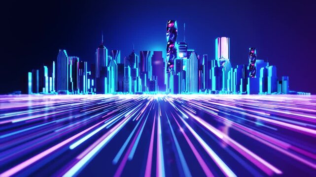 Blue towers sculpted buildings form a luminous skyline background, trails across the foreground. conceptual smart city animation suggests connected infrastructure, urban innovation virtual development