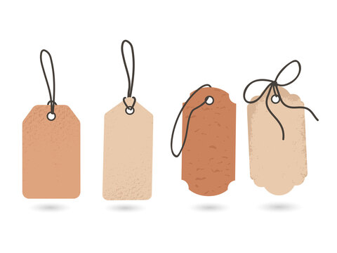 Set of four vintage paper price tags with twine strings transparent background