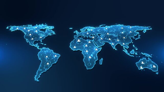Glowing user icons connect blue world map fine lines and nodes. global networking social communication, online communities and international collaboration, dark space for headlines presentation text.