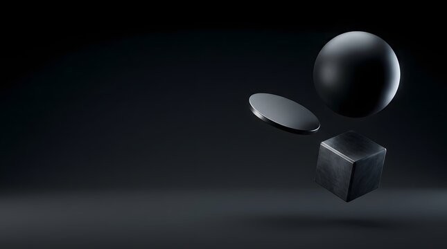 Abstract 3d render of a dark metallic sphere floating above a geometric cube on a dark background