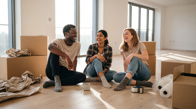Diverse happy friends sitting on floor laughing together in new empty apartment with moving boxes