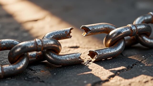 Rusty Metal Chain Snaps Apart on a Rough Stone Surface in a Close Up Symbol of Freedom and Broken Bondage