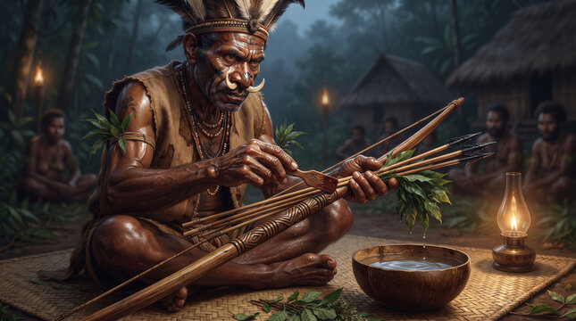A Papuan hunter applies natural poison liquid to arrow tips in village