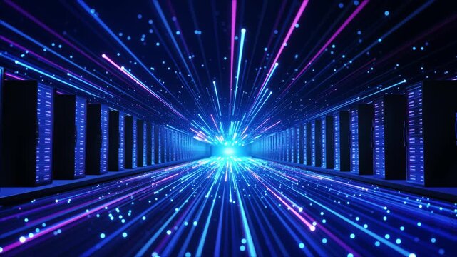 Light paths stretch between tall server toward bright central opening. cloud infrastructure enterprise hosting, digital services, scalable computing technology transformation, deep perspective. 3D 4K
