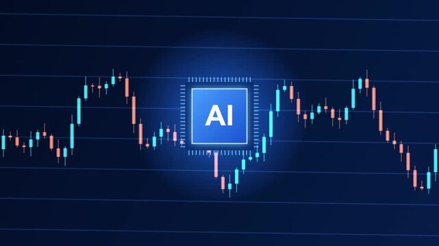 Artificial intelligence chip graphic glowing brightly amid fluctuating stock market candlestick trading charts against dark background