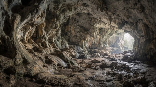 Interior view of vast limestone cave chamber with natural light