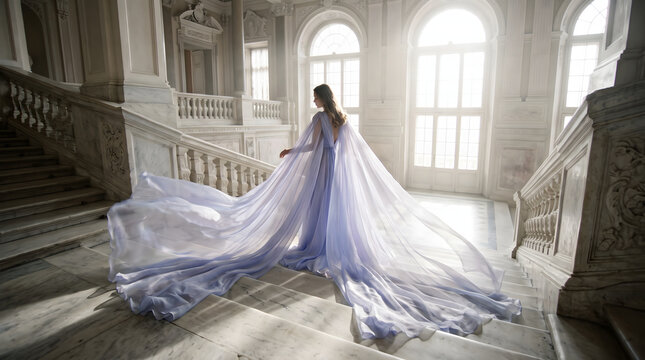 An elegant woman in a stunning, flowing lavender gown descends a magnificent marble staircase bathed in soft sunlight. The ethereal fabric cascades around her, creating a sense of dramatic movement...