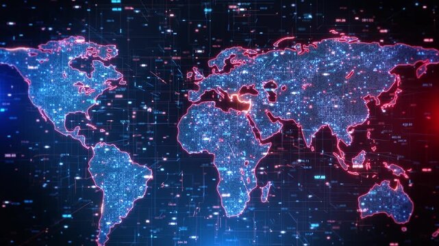 Blue pixel continents glowing outlines fill digital world map, numerical values fine linked lines. global data visualization concept technology presentations, worldwide networks digital communication.