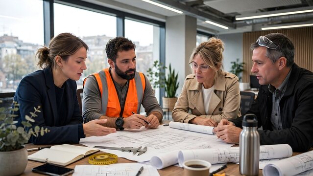 Professional team reviewing architectural blueprints with safety vest