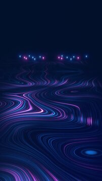 Neon lines form undulating abstract landscape against dark navy space. Sinuous bands, contours glowing points add depth to this digital wave background, open space for titles and technology graphics.