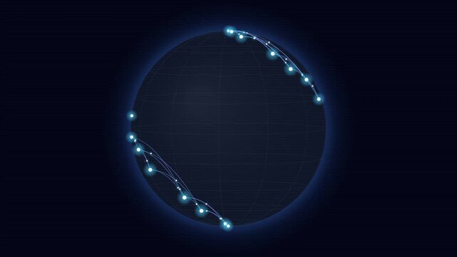 Abstract rotating globe with glowing node network for global data communication