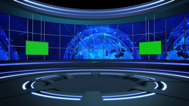 Green monitors flank globe wall inside empty virtual broadcast studio. international news bulletins, business reports interviews, central stage for presenters screen areas inserting custom graphics.
