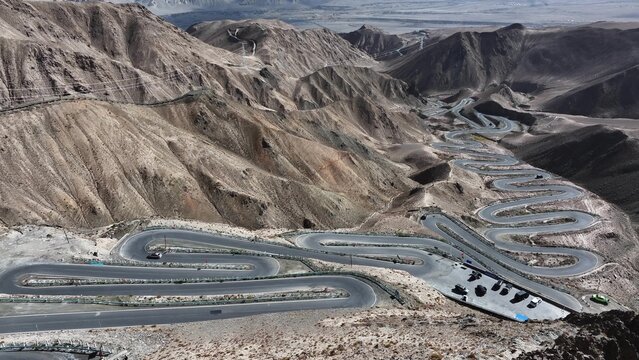 Winding panlong ancient road in Xinjiang mountains