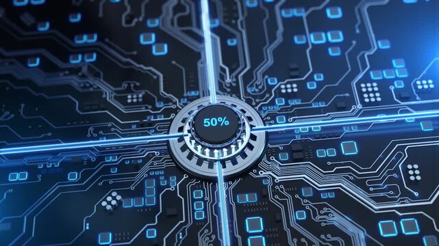 A blue percentage display sits metallic circular interface electronic board. Glowing paths components data transfer software loading, installation system updates, an illustrated progress stage. 3D