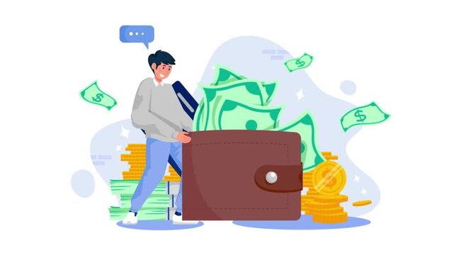 Financial success concept featuring a young man holding a large brown wallet filled with paper money and gold coins, presented as a flat vector animation for business growth.