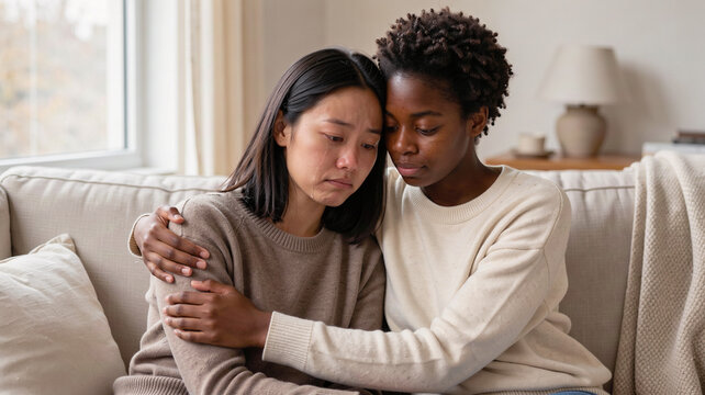 Young woman comforting her upset friend with a gentle hug on a sofa at home, empathy and support concept