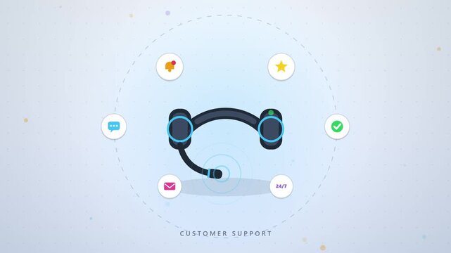 Customer support flat vector illustration featuring headset and service icons for call center helpdesk and online communication