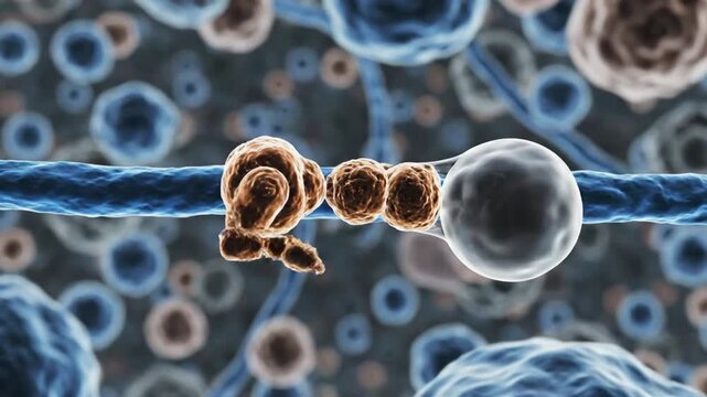 Kinesin motor protein walking along a microtubule fiber.